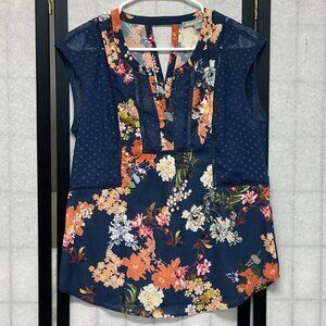 Daniel Rainn V Neck Sheer Keyhole Back Dot & Floral Top Navy Orange S Sleeveless